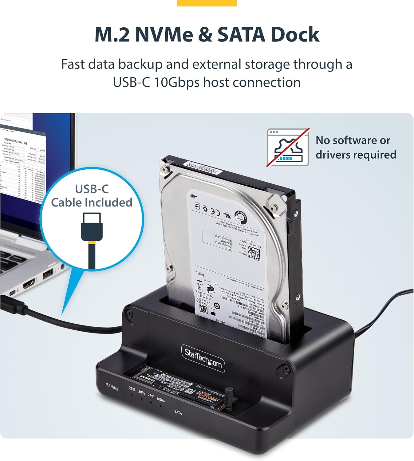 StarTech.com M.2 NVMe to 2.5"/3.5" SATA Drive Duplicator, Dual Bay Standalone Cloner/Drive Dock, 27GB/min, NVMe to SATA / SATA to NVMe, TAA