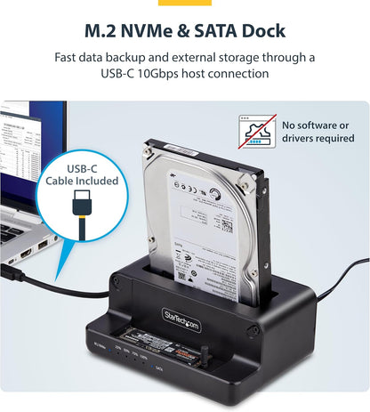 StarTech.com M.2 NVMe to 2.5"/3.5" SATA Drive Duplicator, Dual Bay Standalone Cloner/Drive Dock, 27GB/min, NVMe to SATA / SATA to NVMe, TAA