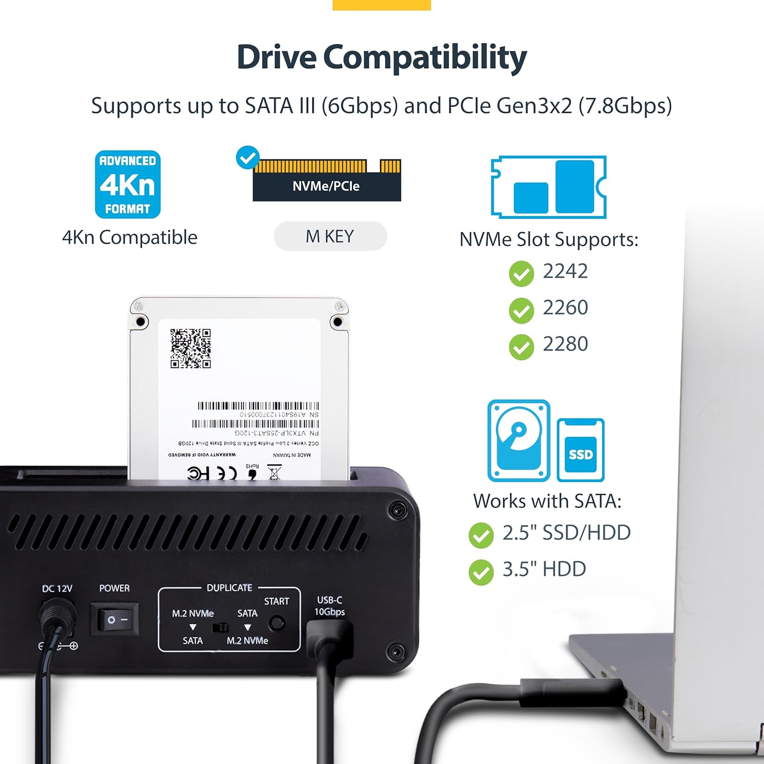 StarTech.com M.2 NVMe to 2.5"/3.5" SATA Drive Duplicator, Dual Bay Standalone Cloner/Drive Dock, 27GB/min, NVMe to SATA / SATA to NVMe, TAA