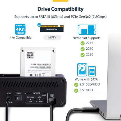 StarTech.com M.2 NVMe to 2.5"/3.5" SATA Drive Duplicator, Dual Bay Standalone Cloner/Drive Dock, 27GB/min, NVMe to SATA / SATA to NVMe, TAA