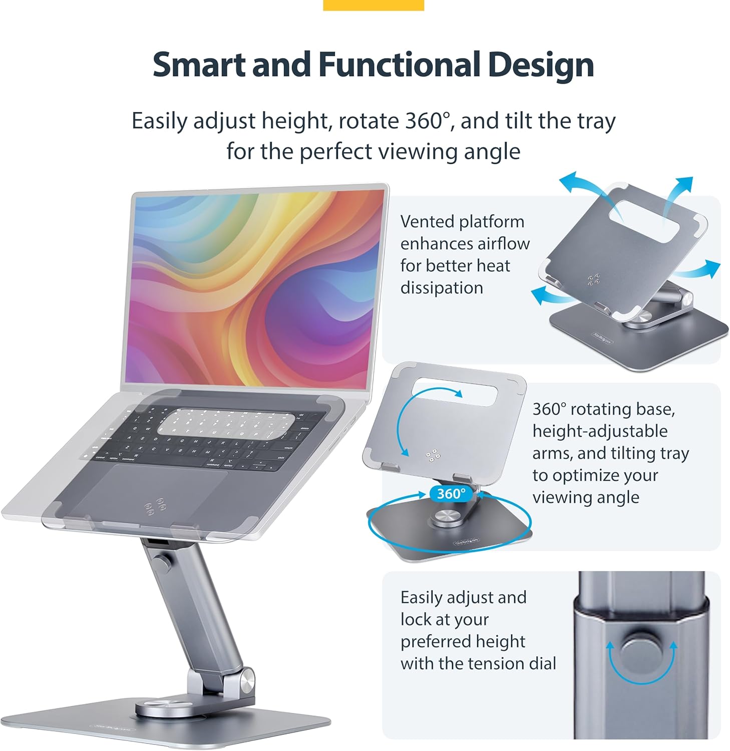 StarTech.COM Support Télescopique pour PC, Base Pivotante à 360°; Support Rotatif, Hauteur/Inclinaison Réglables, Max 5kg