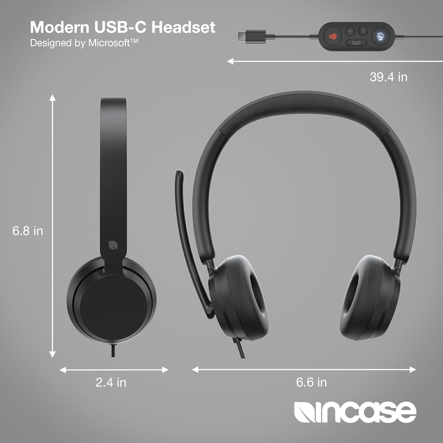 Incase Modern USB-C Headset - Designed by Microsoft - Wired USB-C Connection, On-Ear Stereo Headphones, Noise Cancelling Mic & Volume Controls, Teams Certified, Optimized Mic & Speakers - Mac/Windows
