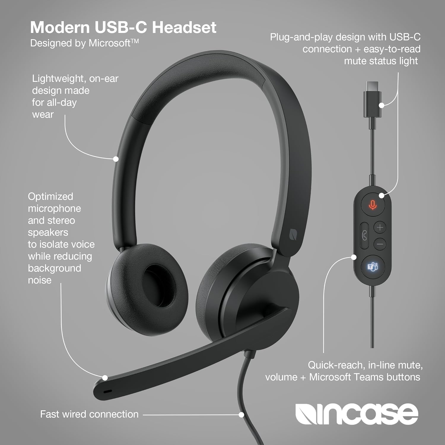 Incase Modern USB-C Headset - Designed by Microsoft - Wired USB-C Connection, On-Ear Stereo Headphones, Noise Cancelling Mic & Volume Controls, Teams Certified, Optimized Mic & Speakers - Mac/Windows