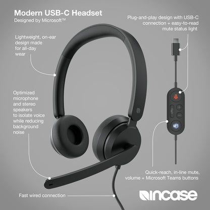 Incase Modern USB-C Headset - Designed by Microsoft - Wired USB-C Connection, On-Ear Stereo Headphones, Noise Cancelling Mic & Volume Controls, Teams Certified, Optimized Mic & Speakers - Mac/Windows