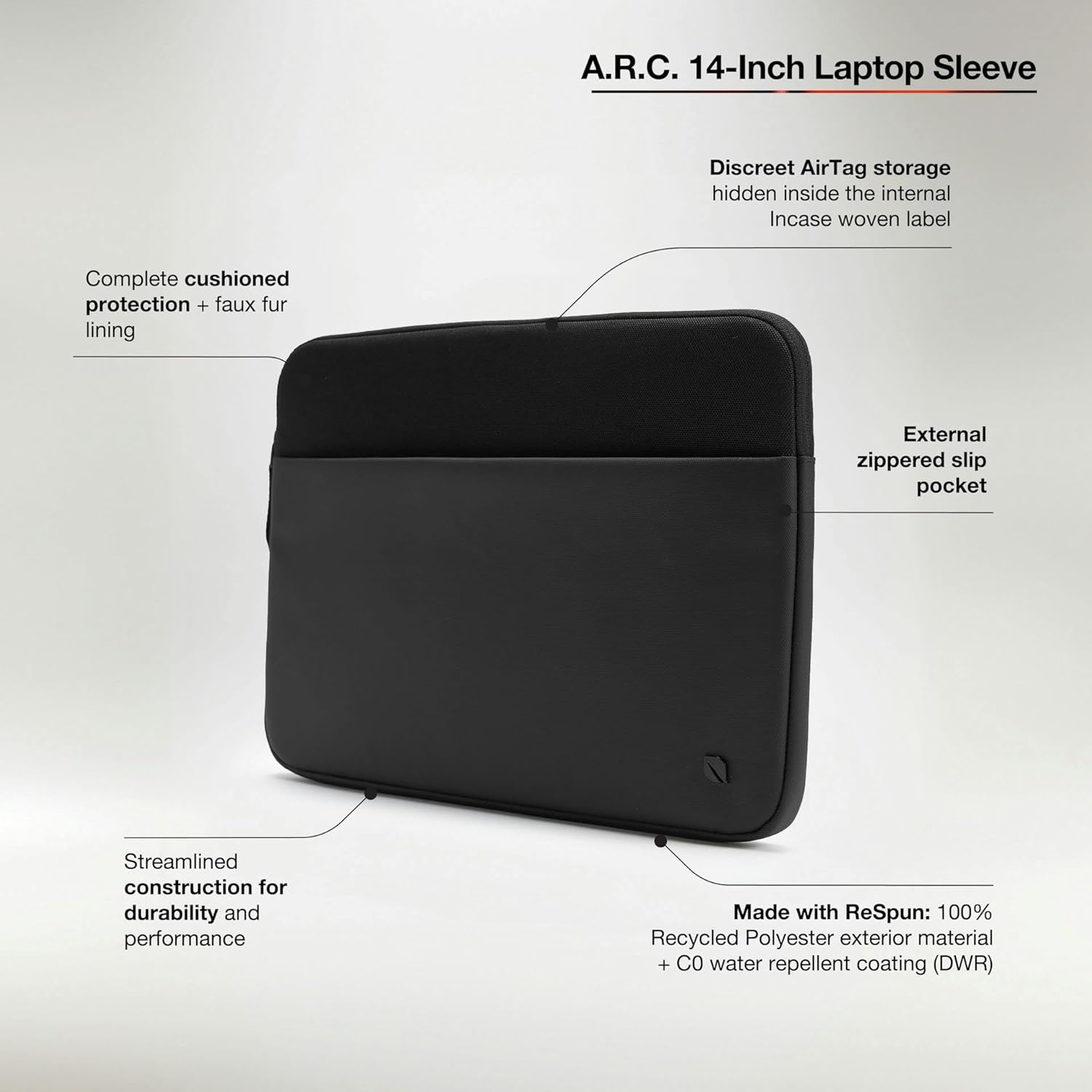 Incase A.R.C. Sleeve with ReSpun 100% Recycled Polyester - 14" MacBook/Laptops & iPad/Tablet Case - Cushioned Faux Fur Lining, External Zippered Slip Pocket (Black, Most 14" Laptops