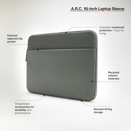 Incase A.R.C. Sleeve for 16-Inch Laptop/MacBook - Lightweight Faux Fur Lining, Recycled Polyester, Hidden AirTag Storage, Water-Repellent Cover, External Slip Pocket for Accessories - Smoked Ivy