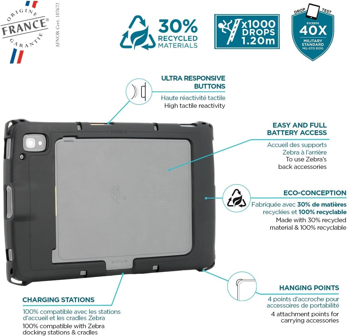 Mobilis Rugged Case for Zebra ET40 - ET45 8" Enterprise Tablets, Military Grade Shockproof, Protective Cover Compatible with Zebra Accessories, Recycled Materials
