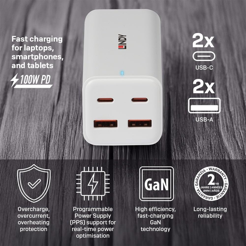 Lindy 100W 4-Port USB Type A & C GaN Charger