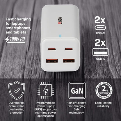 Lindy 100W 4-Port USB Type A & C GaN Charger