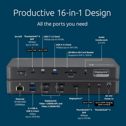 Kensington SD5920T EQ Thunderbolt 4 Quad 4K Hybrid Dock with DisplayLink Technology, SD & Micro SD Card Readers, 100W Power Charging, Ethernet & USB-A & USB-C 3.2 Ports (K35234EU