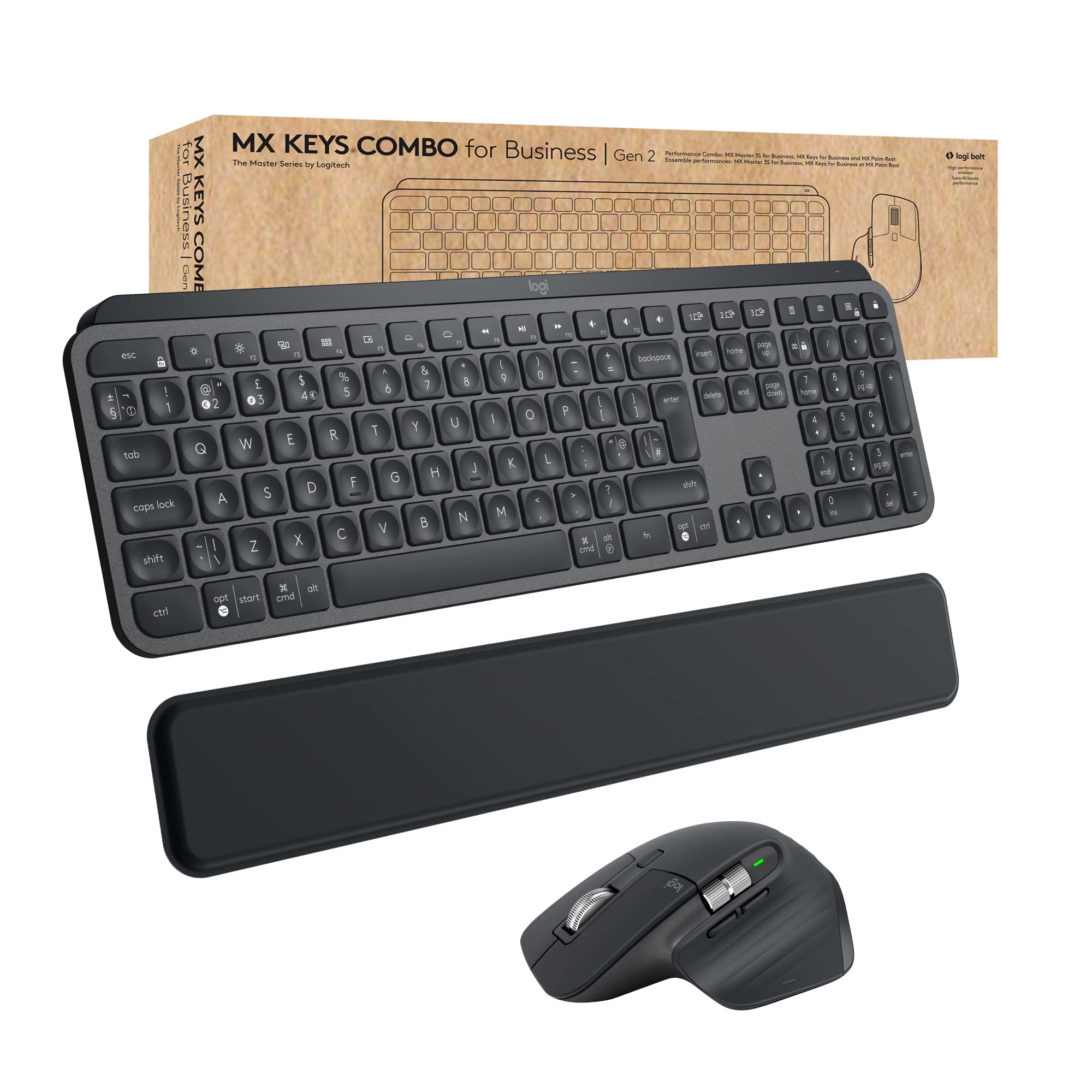 Logitech MX Keys Combo for Business | Gen 2, Full Size Wireless Keyboard and Wireless Mouse, QWERTY Spanish - Grey
