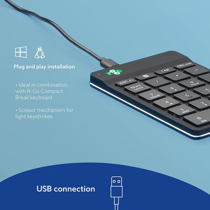 R-Go Ergononic Numpad With Break Indicator - Wired USB-A/USB-C, Black