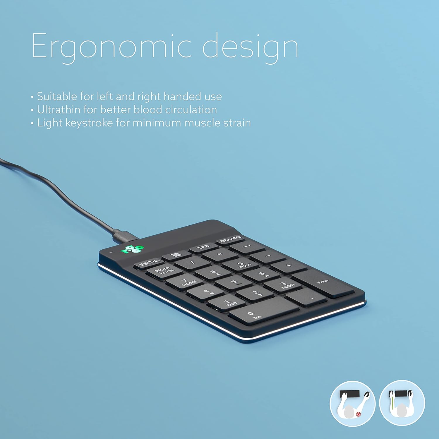 R-Go Ergononic Numpad With Break Indicator - Wired USB-A/USB-C, Black