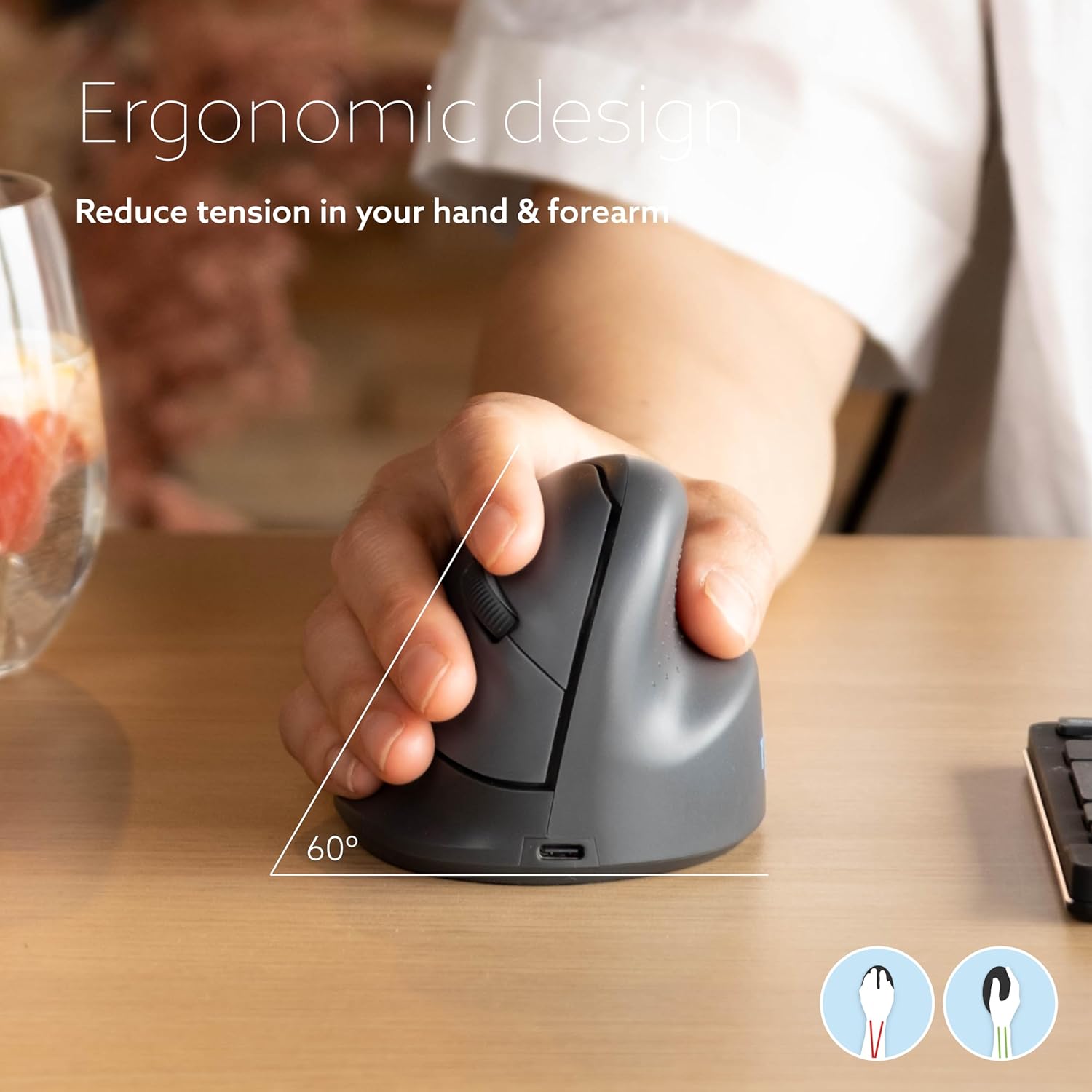 R-Go HE Basic ergonomic mouse, wireless Bluetooth 5.0, Rechargeable, Vertical design, 1600DPI and 3 Buttons, Prevents tennis elbow/RSI arm, For Windows/Mac - Black