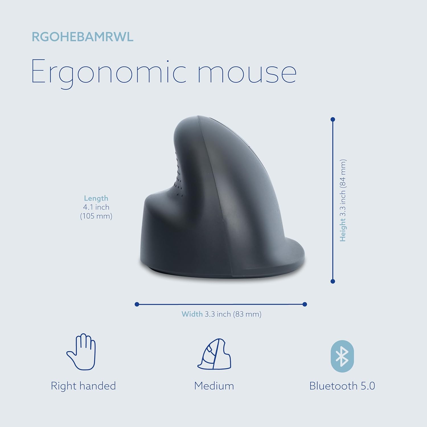 R-Go HE Basic ergonomic mouse, wireless Bluetooth 5.0, Rechargeable, Vertical design, 1600DPI and 3 Buttons, Prevents tennis elbow/RSI arm, For Windows/Mac - Black