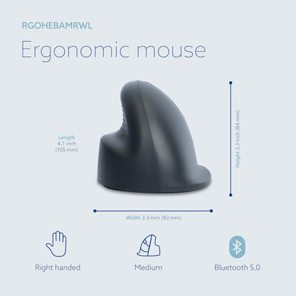 R-Go HE Basic ergonomic mouse, wireless Bluetooth 5.0, Rechargeable, Vertical design, 1600DPI and 3 Buttons, Prevents tennis elbow/RSI arm, For Windows/Mac - Black