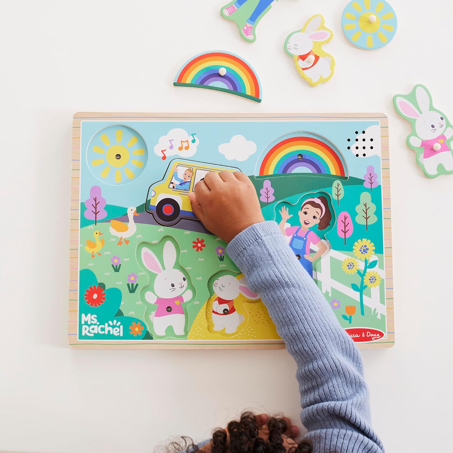 Melissa & Doug Ms. Rachel Wooden Song Peg Puzzle, 6-Piece Light-Activated Sound Puzzle with Full Songs, Toddler Toys for Boys and Girls Ages 2-5 Years