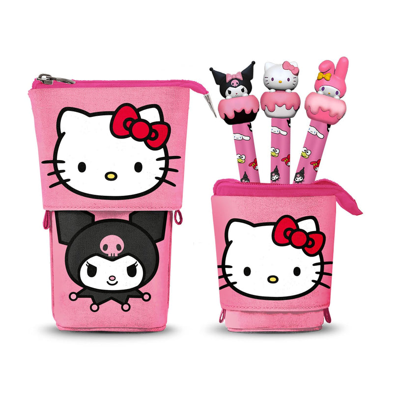 Hello Kitty Playful-Cute Pencil Case + 3 Erasable Gel Pens, Pink, 11.5 x 17 cm