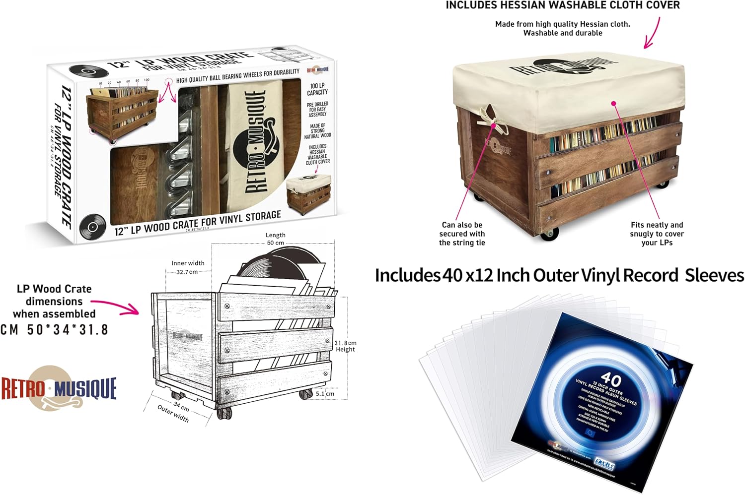 12?=?Ý?¥ LP Wooden Crate on Wheels. Bearing Wheels for Durability