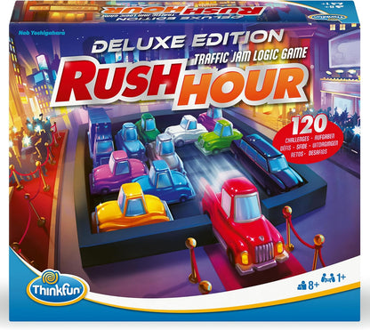 ThinkFun 76617-Rush Hour Deluxe Edition with Metal Vehicles, Logic Game for Adults and Children from 8 Years, Red and Metallic, Small, 76617