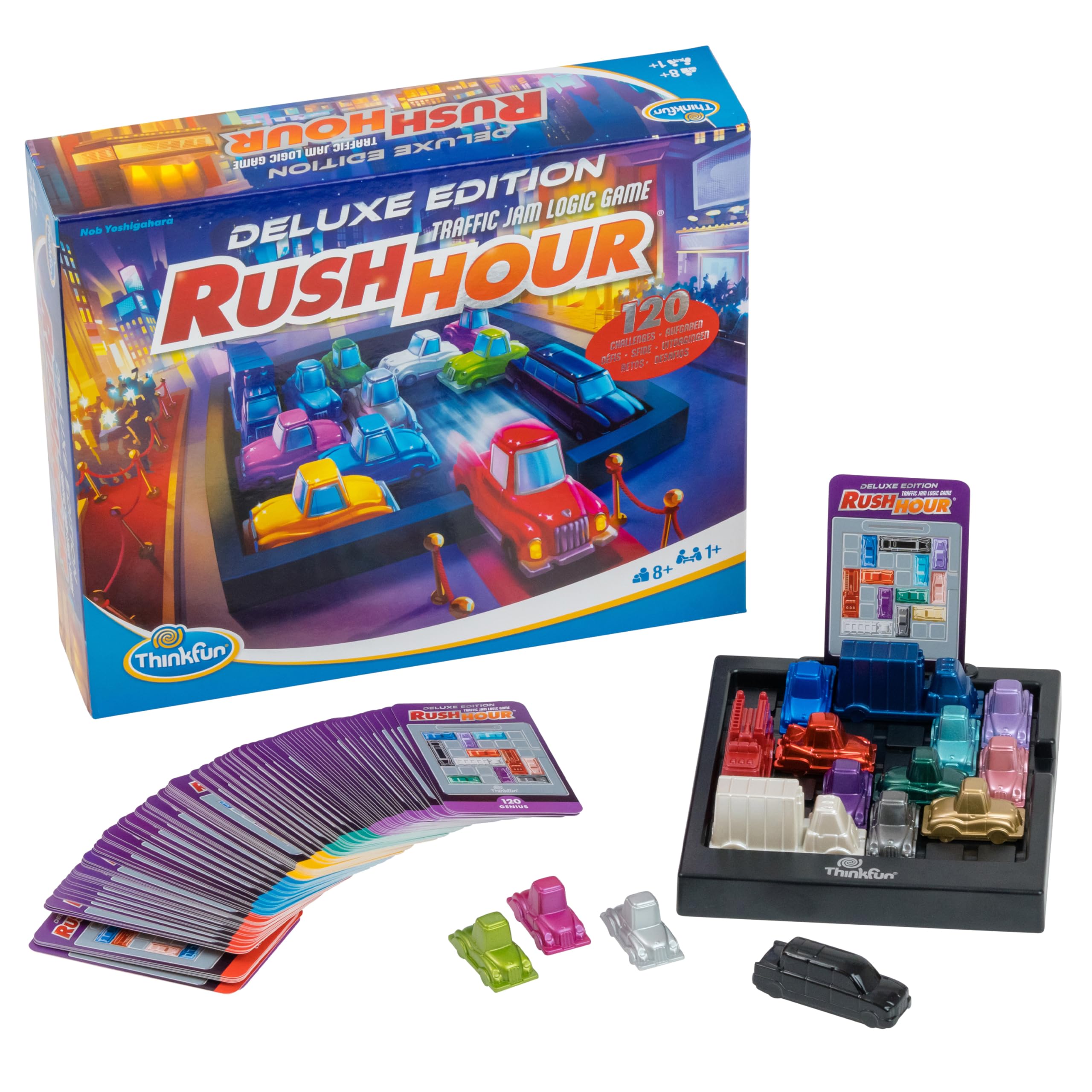 ThinkFun 76617-Rush Hour Deluxe Edition with Metal Vehicles, Logic Game for Adults and Children from 8 Years, Red and Metallic, Small, 76617