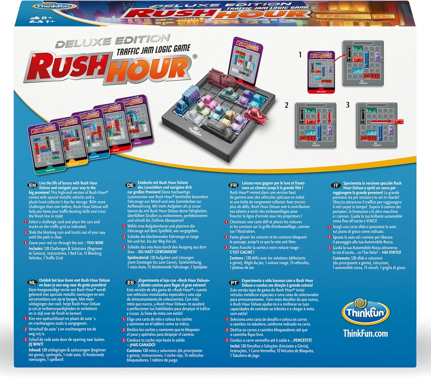 ThinkFun 76617-Rush Hour Deluxe Edition with Metal Vehicles, Logic Game for Adults and Children from 8 Years, Red and Metallic, Small, 76617
