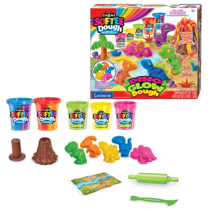 Lexibook, Dino Fluorescerende Kneedbare Kleisetjes, Blauw Paars Rood Oranje Groen Geel Roze, CRDOUGH11