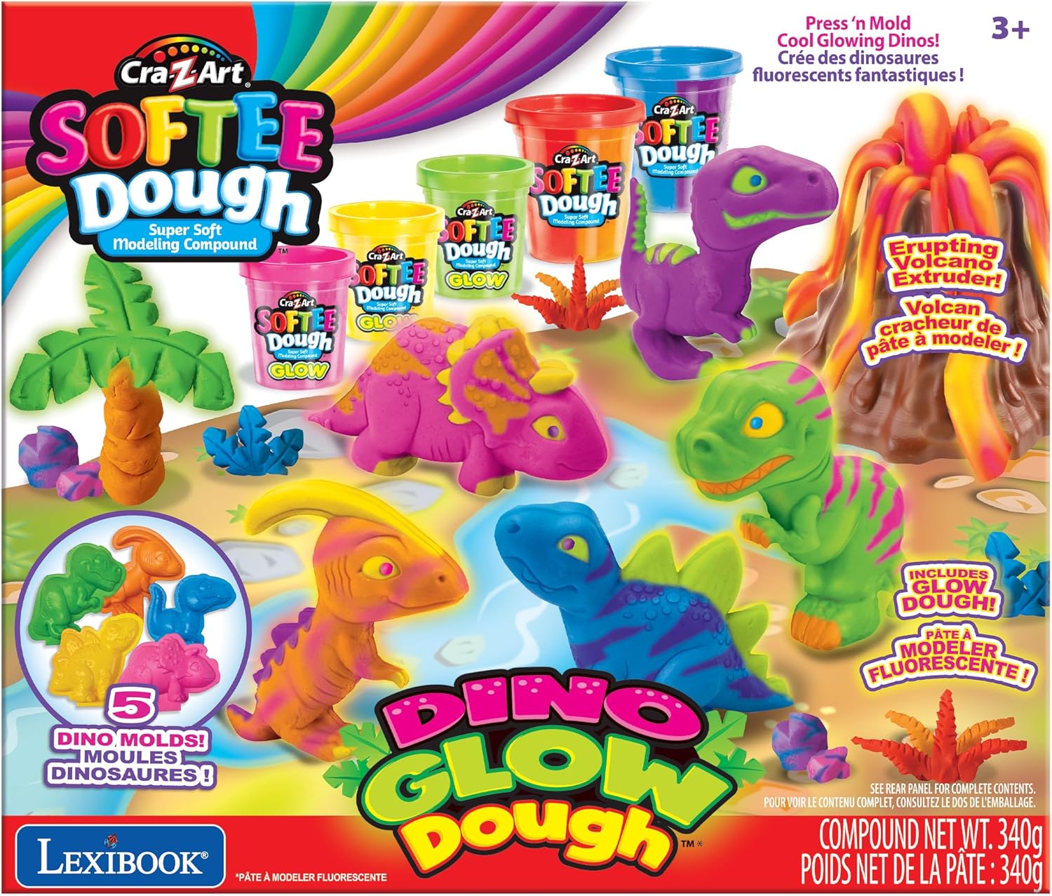 Lexibook, Dino Fluorescerende Kneedbare Kleisetjes, Blauw Paars Rood Oranje Groen Geel Roze, CRDOUGH11
