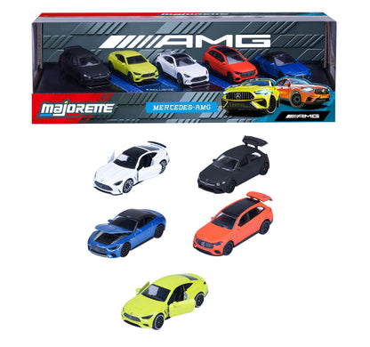 Majorette Set mit 5 Mercedes AMG Autos, 7,5 cm, dekorierte Sammelbox, Spielzeugfahrzeuge aus gegossenem Metall, offizielles Lizenzprodukt, ab 3 Jahren (850210500