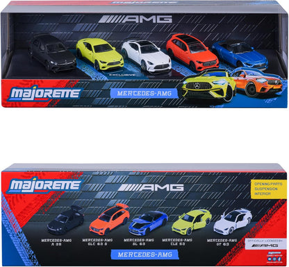 Majorette Set mit 5 Mercedes AMG Autos, 7,5 cm, dekorierte Sammelbox, Spielzeugfahrzeuge aus gegossenem Metall, offizielles Lizenzprodukt, ab 3 Jahren (850210500