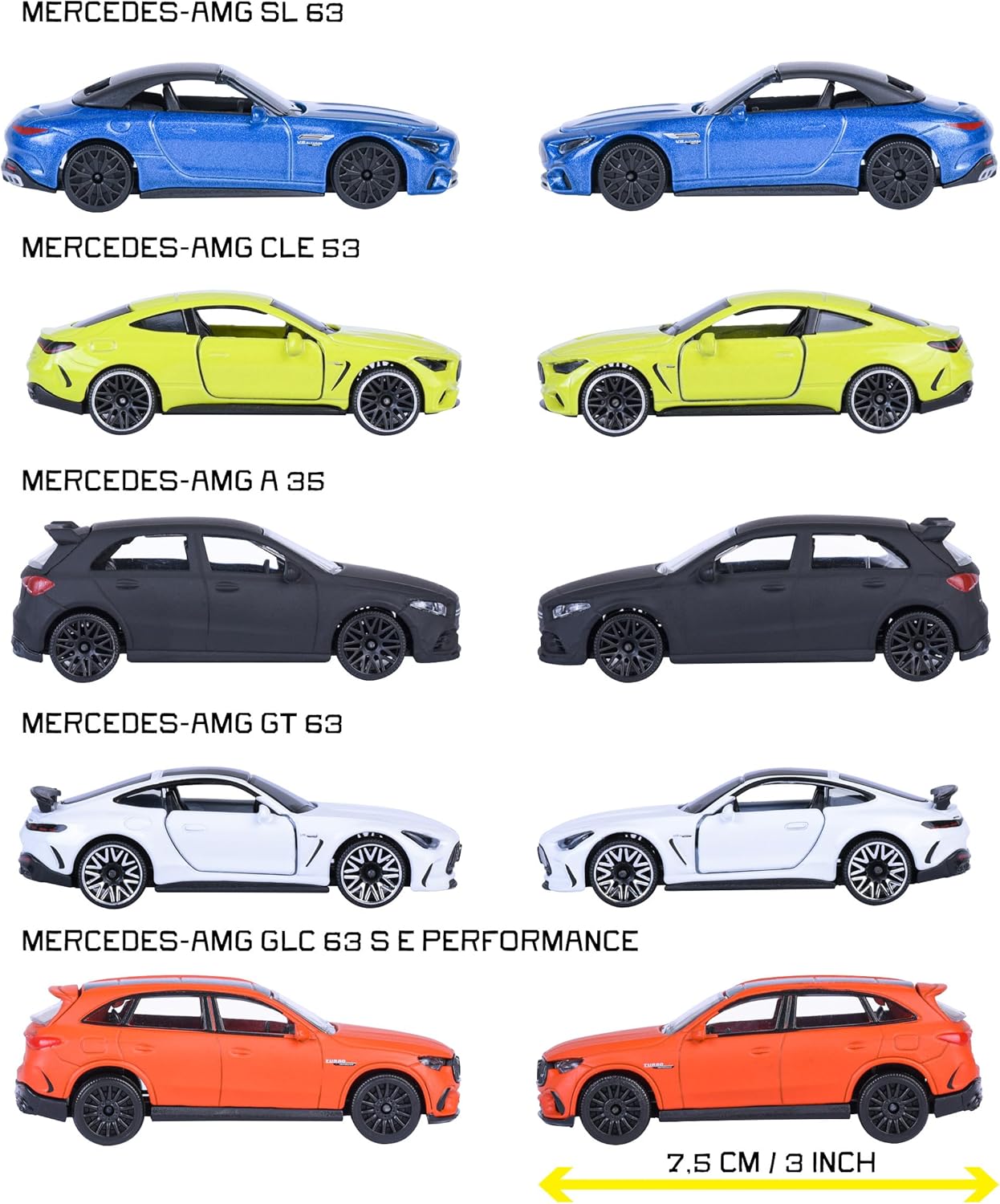 Majorette Set mit 5 Mercedes AMG Autos, 7,5 cm, dekorierte Sammelbox, Spielzeugfahrzeuge aus gegossenem Metall, offizielles Lizenzprodukt, ab 3 Jahren (850210500