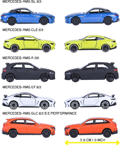Majorette Set mit 5 Mercedes AMG Autos, 7,5 cm, dekorierte Sammelbox, Spielzeugfahrzeuge aus gegossenem Metall, offizielles Lizenzprodukt, ab 3 Jahren (850210500