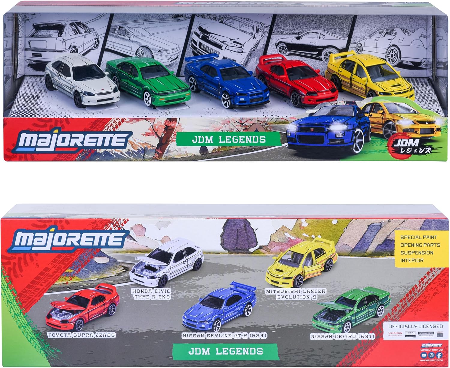 Majorette, JDM Leyends Giftpack mit 5 Autos, Set mit 5 Autos (Honda, Nissan, Toyota, Mitsubishi), Metall, Maßstab 1:64, 7,5 cm, Freilauf, dekorierte Box, offizielle Lizenzen, 3 Jahre (8504105000