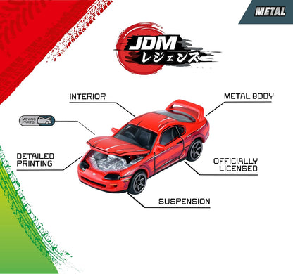 Majorette, JDM Leyends Giftpack mit 5 Autos, Set mit 5 Autos (Honda, Nissan, Toyota, Mitsubishi), Metall, Maßstab 1:64, 7,5 cm, Freilauf, dekorierte Box, offizielle Lizenzen, 3 Jahre (8504105000
