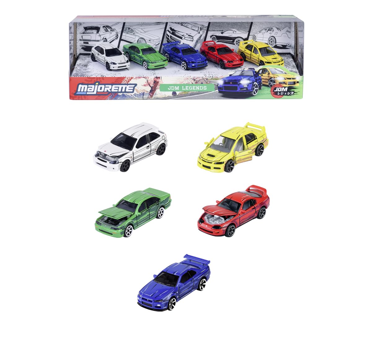 Majorette, JDM Leyends Giftpack mit 5 Autos, Set mit 5 Autos (Honda, Nissan, Toyota, Mitsubishi), Metall, Maßstab 1:64, 7,5 cm, Freilauf, dekorierte Box, offizielle Lizenzen, 3 Jahre (8504105000