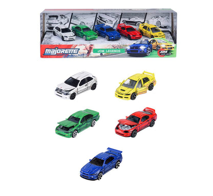 Majorette, JDM Leyends Giftpack mit 5 Autos, Set mit 5 Autos (Honda, Nissan, Toyota, Mitsubishi), Metall, Maßstab 1:64, 7,5 cm, Freilauf, dekorierte Box, offizielle Lizenzen, 3 Jahre (8504105000
