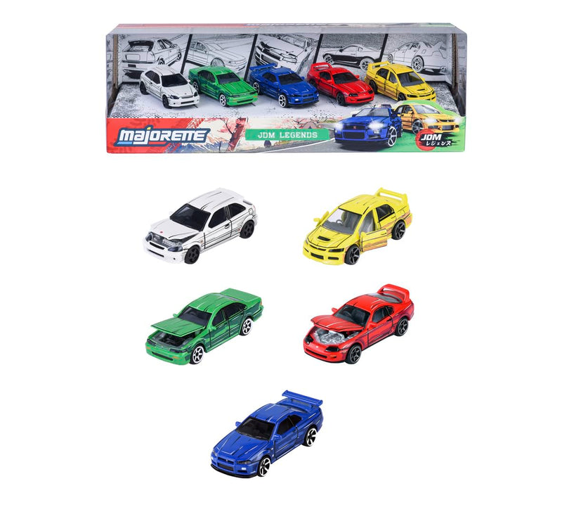 Majorette, JDM Leyends Giftpack mit 5 Autos, Set mit 5 Autos (Honda, Nissan, Toyota, Mitsubishi), Metall, Maßstab 1:64, 7,5 cm, Freilauf, dekorierte Box, offizielle Lizenzen, 3 Jahre (8504105000