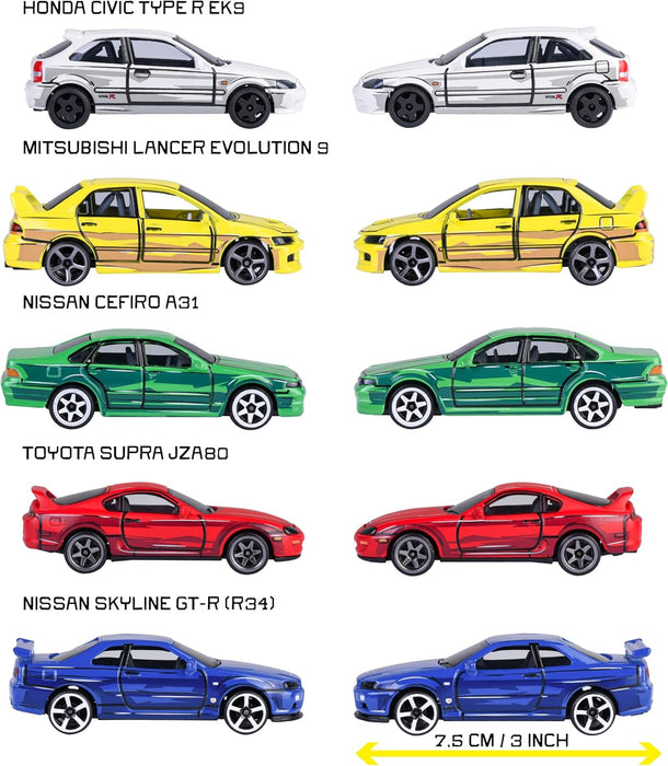 Majorette, JDM Leyends Giftpack mit 5 Autos, Set mit 5 Autos (Honda, Nissan, Toyota, Mitsubishi), Metall, Maßstab 1:64, 7,5 cm, Freilauf, dekorierte Box, offizielle Lizenzen, 3 Jahre (8504105000
