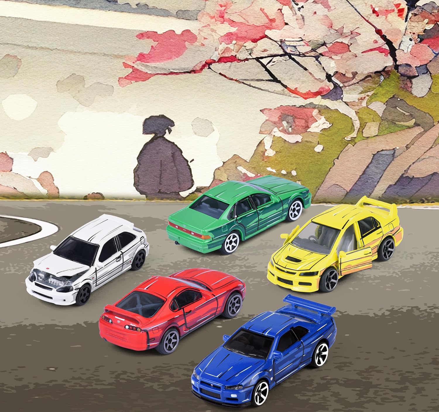 Majorette, JDM Leyends Giftpack mit 5 Autos, Set mit 5 Autos (Honda, Nissan, Toyota, Mitsubishi), Metall, Maßstab 1:64, 7,5 cm, Freilauf, dekorierte Box, offizielle Lizenzen, 3 Jahre (8504105000