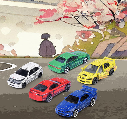 Majorette, JDM Leyends Giftpack mit 5 Autos, Set mit 5 Autos (Honda, Nissan, Toyota, Mitsubishi), Metall, Maßstab 1:64, 7,5 cm, Freilauf, dekorierte Box, offizielle Lizenzen, 3 Jahre (8504105000