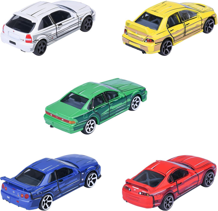 Majorette, JDM Leyends Giftpack mit 5 Autos, Set mit 5 Autos (Honda, Nissan, Toyota, Mitsubishi), Metall, Maßstab 1:64, 7,5 cm, Freilauf, dekorierte Box, offizielle Lizenzen, 3 Jahre (8504105000