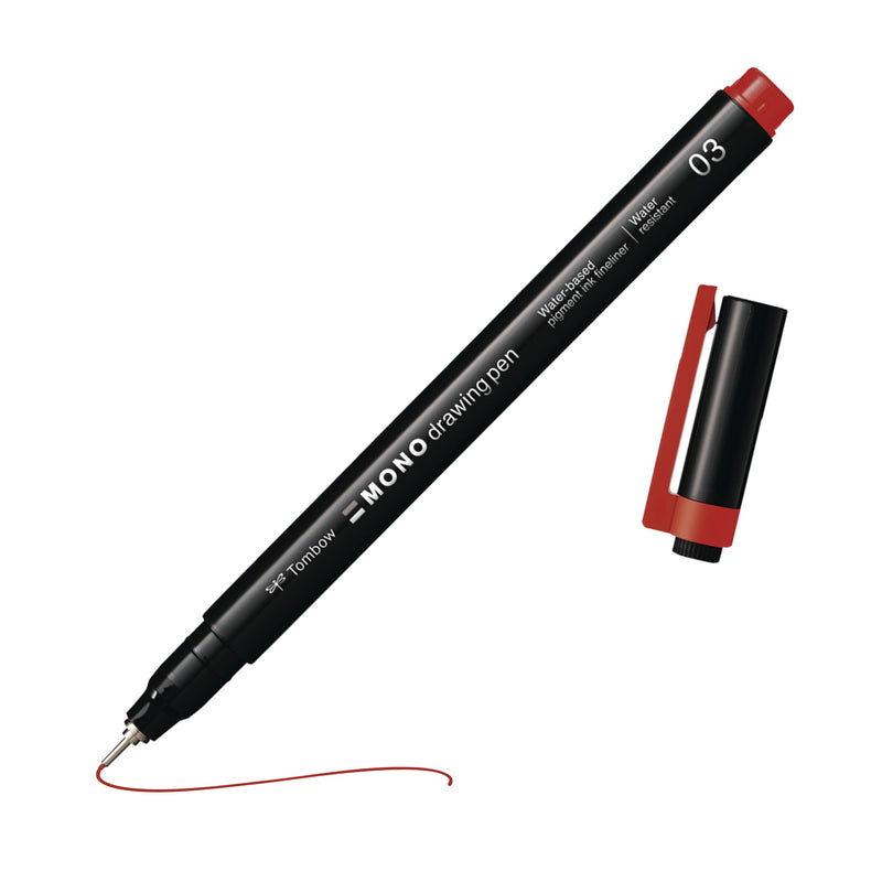 Tombow Mono drawing pen, fineliner, red, drawing pen, water-resistant pigment ink, 0.3 mm tip, for sketches and technical drawings