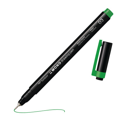 Tombow Mono drawing pen, fineliner, green, drawing pen, water-resistant pigment ink, 0.3 mm tip, for sketches and technical drawings