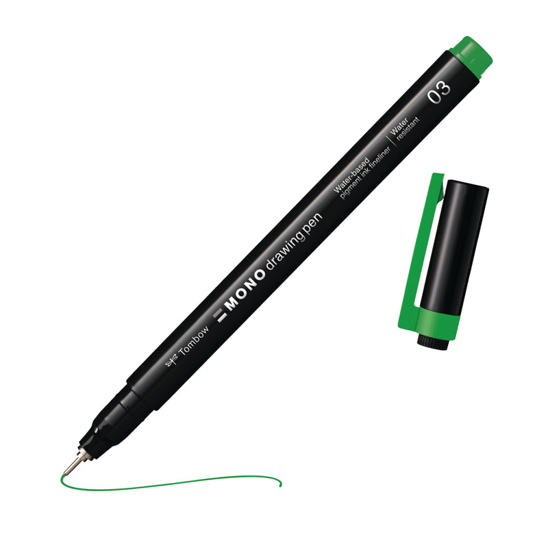 Tombow Mono drawing pen, fineliner, green, drawing pen, water-resistant pigment ink, 0.3 mm tip, for sketches and technical drawings