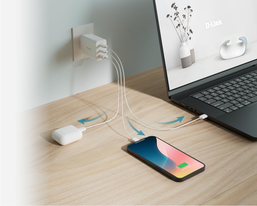 65W Gan Charger 2 Usb-C Ports 1 Usb-A Port Simultaneous Charging