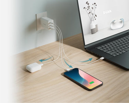 65W Gan Charger 2 Usb-C Ports 1 Usb-A Port Simultaneous Charging