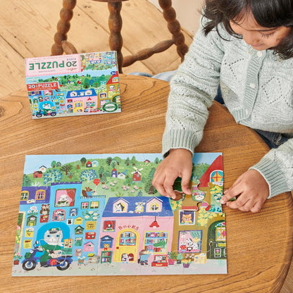 eeBoo: Yumi’s Village - 20 Piece Puzzle - 15x11 Jigsaw, Oversized Pieces, Vibrant Town & Shop Scene, Whimsical Animal Characters, Preschool, Kids 3+