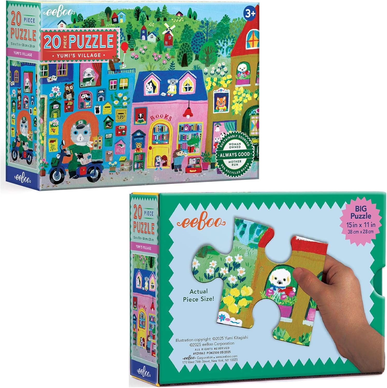 eeBoo: Yumi’s Village - 20 Piece Puzzle - 15x11 Jigsaw, Oversized Pieces, Vibrant Town & Shop Scene, Whimsical Animal Characters, Preschool, Kids 3+