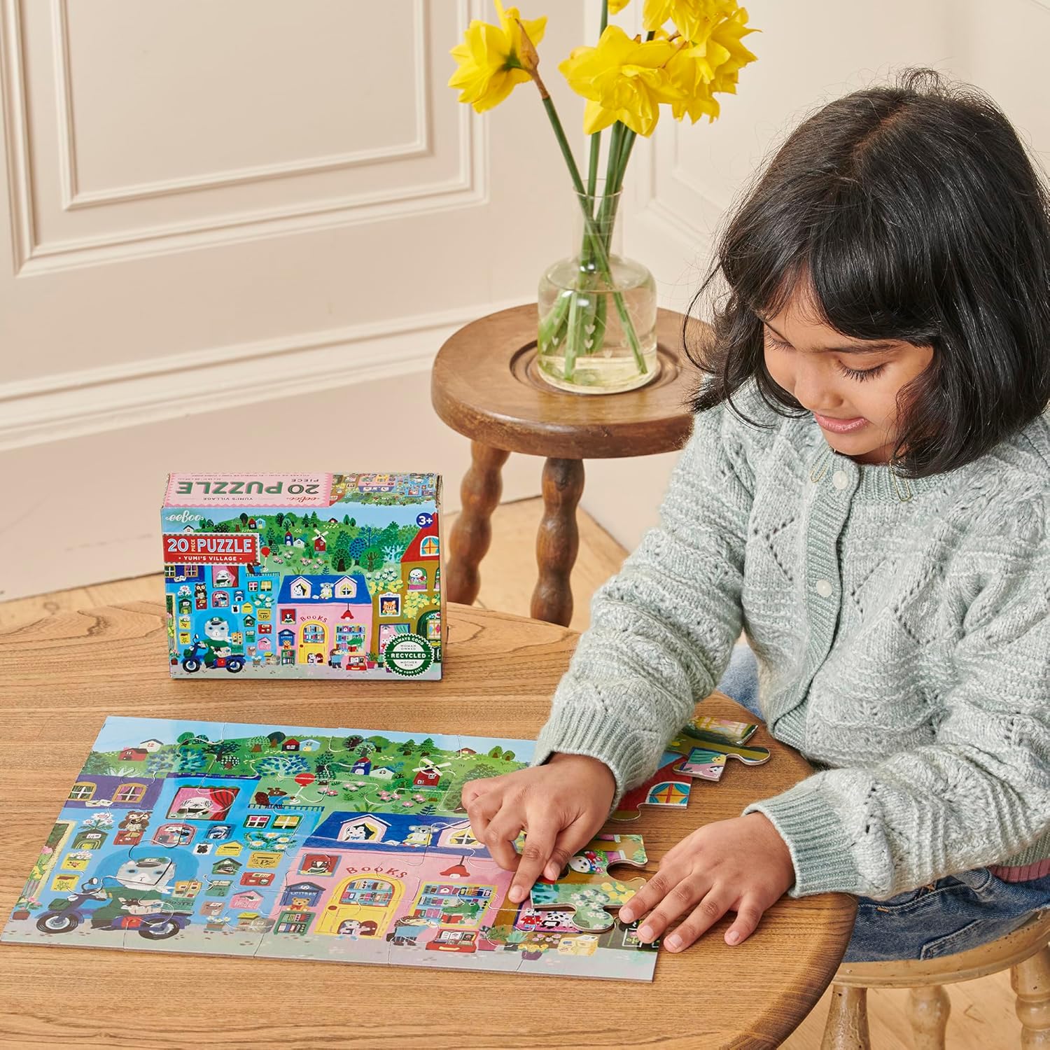eeBoo: Yumi’s Village - 20 Piece Puzzle - 15x11 Jigsaw, Oversized Pieces, Vibrant Town & Shop Scene, Whimsical Animal Characters, Preschool, Kids 3+