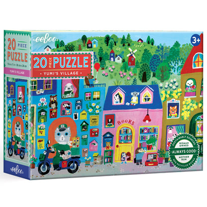 eeBoo: Yumi’s Village - 20 Piece Puzzle - 15x11 Jigsaw, Oversized Pieces, Vibrant Town & Shop Scene, Whimsical Animal Characters, Preschool, Kids 3+